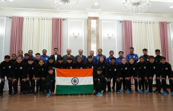 Ambassador Arun K. Chatterjee with U-17 Women's National Football Team on their Visit to Bishkek for Participation in the 1st Round of AFC U-17 Women's Asia Cup Qualifiers from 24 - 28 April 2023